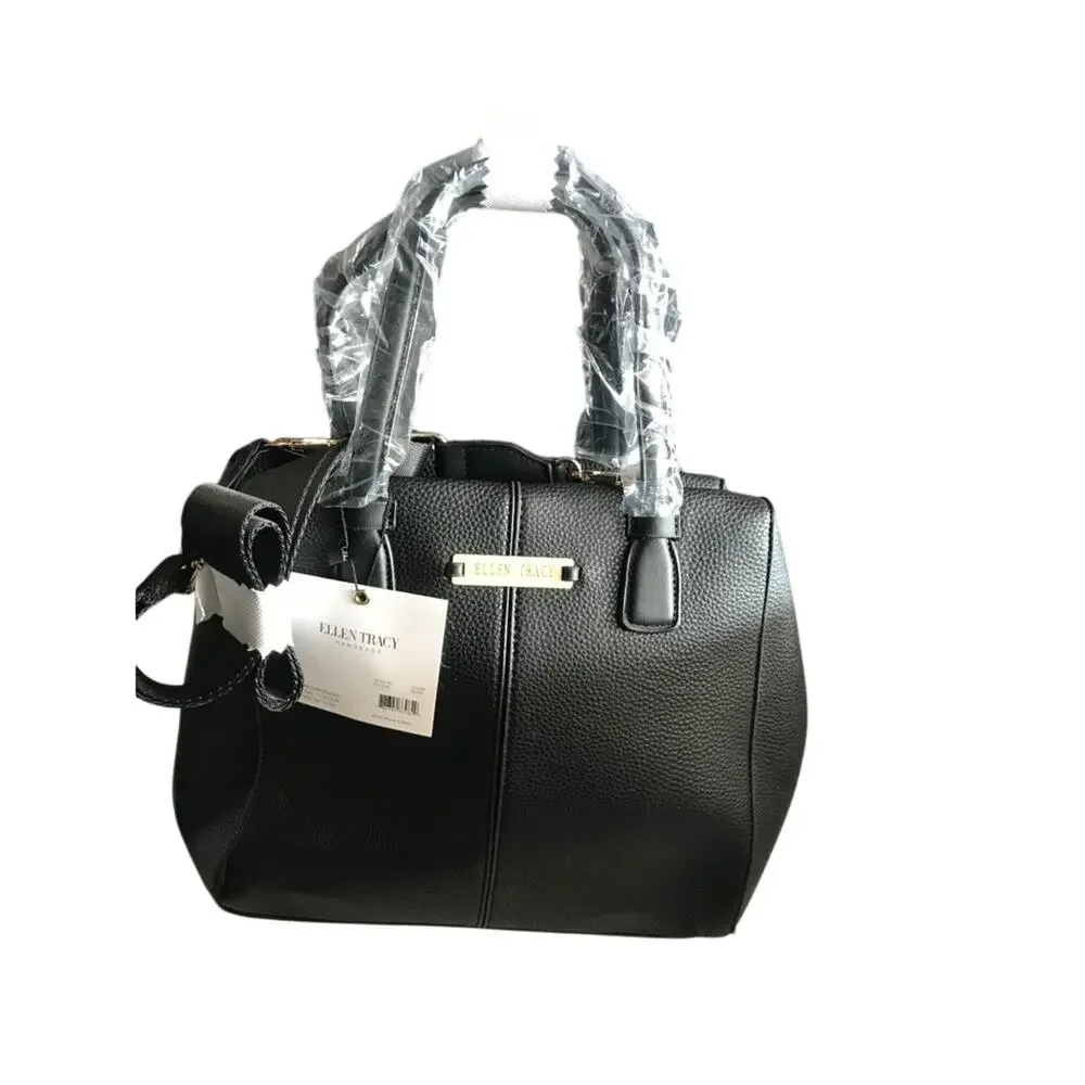 Ellen Tracy NWT Black Satchel Bag Faux Leather Top Handle Classic Shoulder Purse